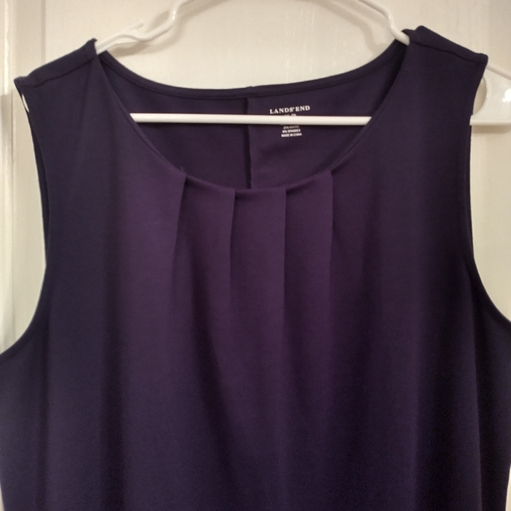 Lands' End XL/P Sleeveless Sheath Dress Eggplant Stretchy Knit Pleated Neckline